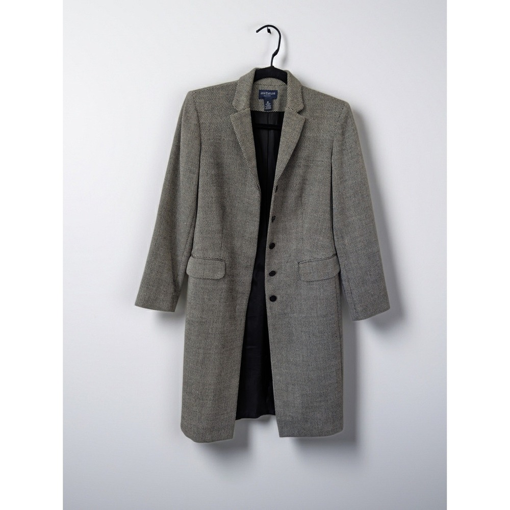 Vintage Ann Taylor 100%‎ Wool Long Coat Jacket 8P Micro Check 90s Minimalist